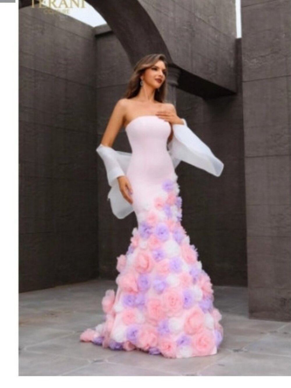 Size 10 Terani Couture 251P4091 Baby Pink 3D Floral Trumpet Gown